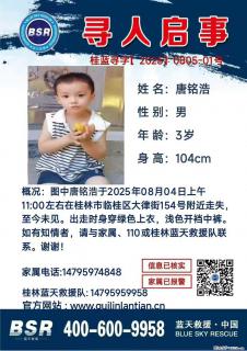 【寻人启事】图中唐铭浩于2025年08月04日上午11:00左右在桂林市临桂区大律街154号附近走失 - 成都28生活网 cd.28life.net